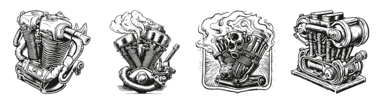 Detailed Illustration of Vintage Motorcycle Engine Designs, Logo Design, Hand drawing Engraving, Vector Illustration Isolated Object