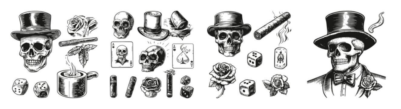 Vintage Skull Illustrations with Hats, Roses, and Playing Cards, vector illustration, engraving design, logo design set, black and white line, template design element