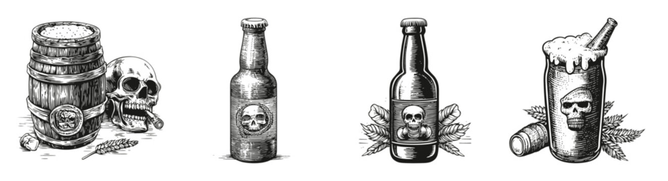 Vintage Brewery Illustrations with Bottles and Skull Design, vector illustration, engraving design, logo design set, black and white line, template design element