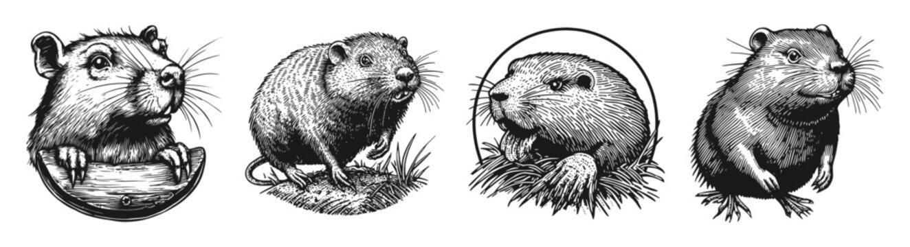 Detailed Woodland Creatures Illustrations of Rodents in Unique Styles, vector illustration, engraving design, logo design set, black and white line