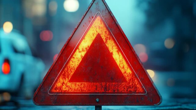 Rainy street scene with a red triangular warning sign.