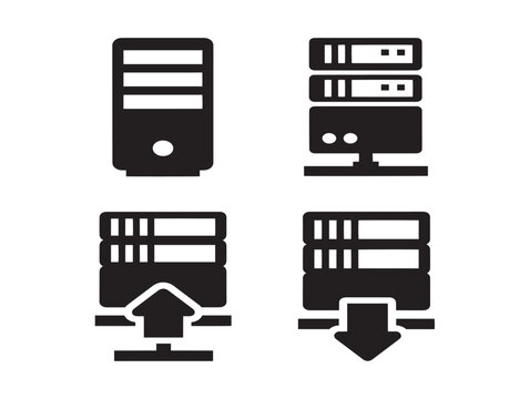 Black solid server icons set featuring computer hardware and data transfer