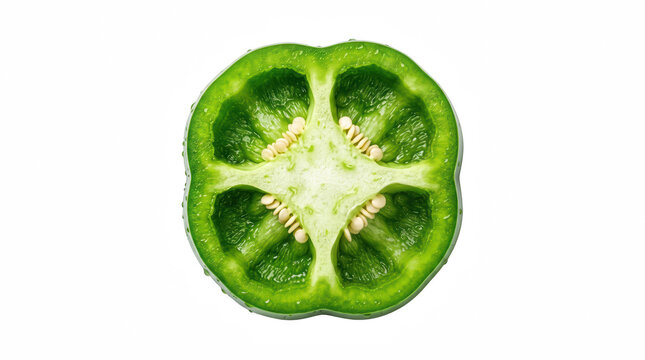 Fresh green bell pepper cross section slice showing seed structure isolated on transparent background.