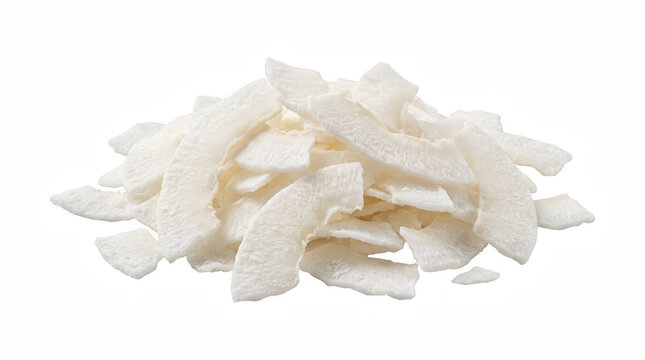 Pile of organic raw white coconut chips isolated on transparent background for healthy snack recipes.