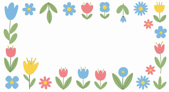 Colorful floral border frame with spring flowers illustration.
