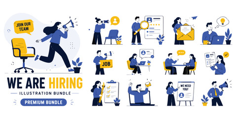 Fototapeta premium Hiring and recruitment illustration bundle, flat business character set for job search, corporate human resources vector collection for career web design