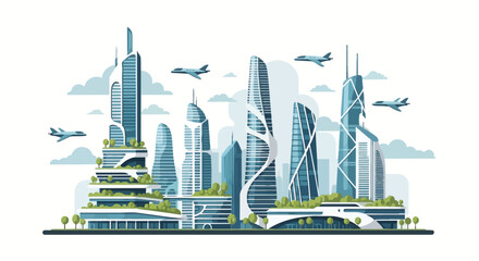 Obraz premium Futuristic cityscape with modern skyscrapers and flying airplanes.