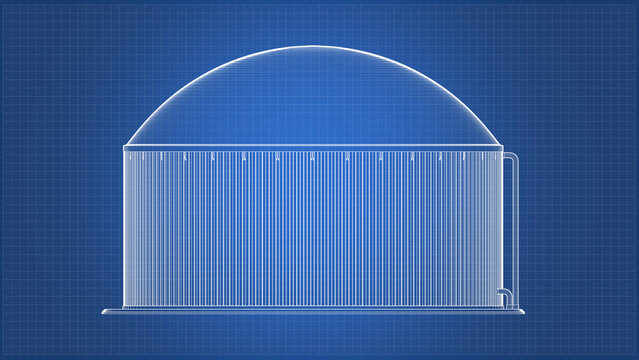 Anaerobic digester tank - blueprint. 3D rendering isolated on blue background. Ideal for professionals, educational, engineering design