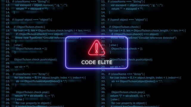 Neon code elite warning sign over scrolling software programming script background, coding development
