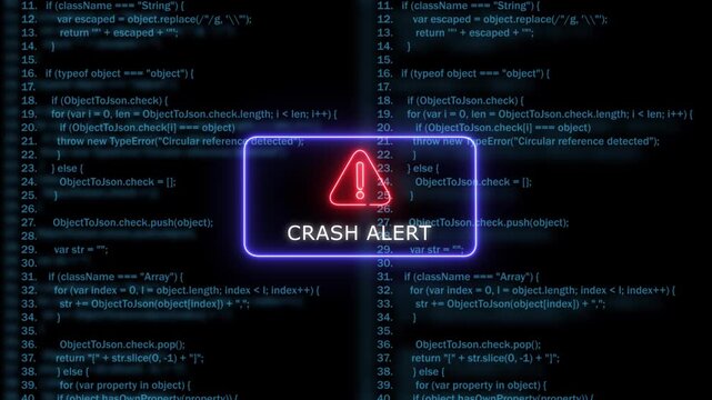 Crash alert warning neon sign over digital programming code background, system error software development
