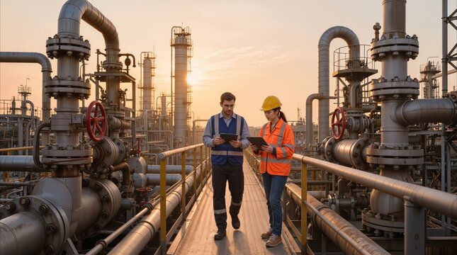 Petroleum engineers walking on elevated walkway at oil refinery during sunset. Industrial plant inspection and facility maintenance management.
