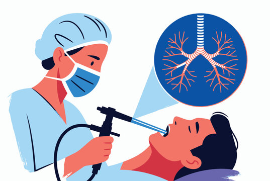 Medical illustration of a female doctor performing a bronchoscopy procedure on a patient to examine the lungs and airways.