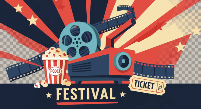 Vintage movie festival poster with popcorn and film reels.