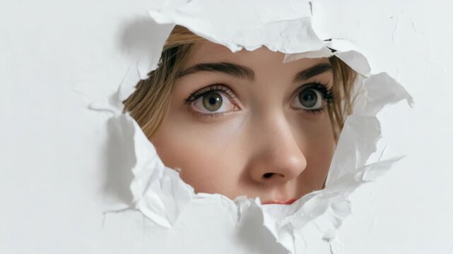 A close-up of a woman looking through a torn piece of paper on her face.