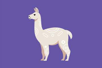 Fototapeta premium Charming white llama standing against a vibrant purple background with subtle geometric patterns on its coat for a modern feel.