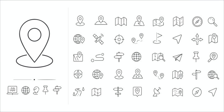Minimalist map and location icons set, 40 navigation line vector symbols, thin outline travel and GPS tracking elements for mobile app interface