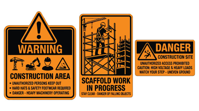 Construction safety signs set, orange warning placards for scaffold work in progress, industrial danger area vector icons for building sites