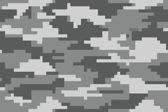 Seamless digital camouflage pattern in shades of grey and charcoal designed for tactical military apparel or urban stealth applications.