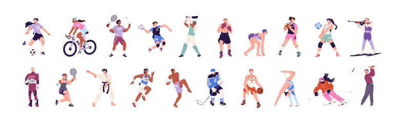 Different athletes set. Football, basketball, ice hockey, volleyball, tennis and soccer players. Sportsmen and sportswomen of various sports. Flat isolated vector illustrations on white background © Paper Trident