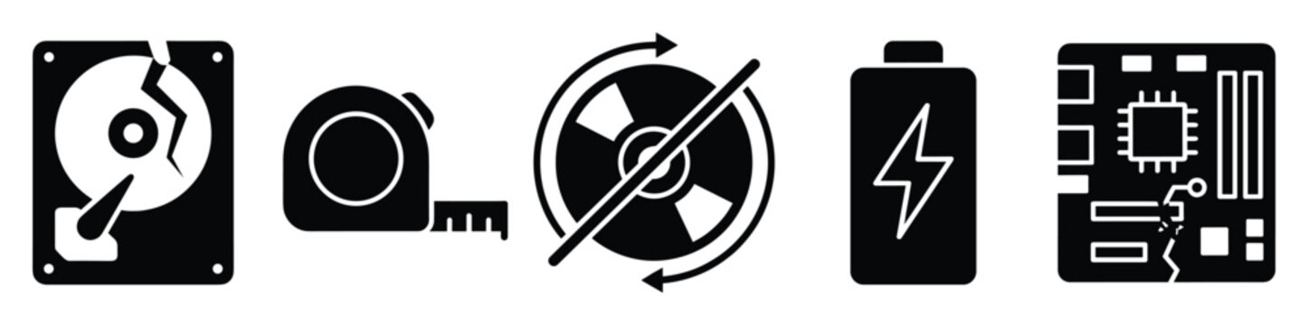 Set of technology maintenance repair and data management icons symbolizing hardware failure measurement and information security for software development and engineering solutions