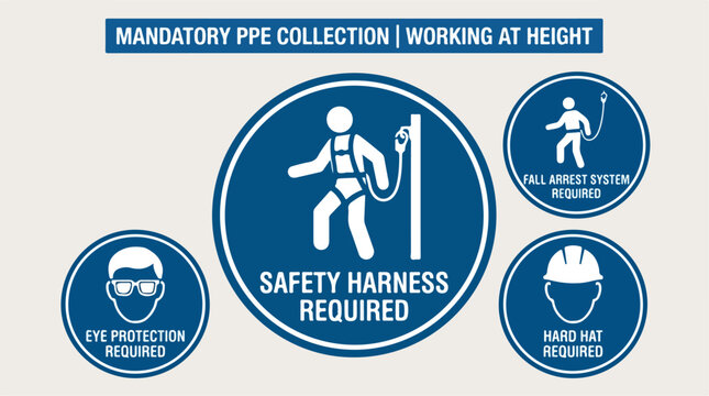 Mandatory PPE collection for working at height, safety harness and fall arrest system required signs, blue industrial protection icons vector set