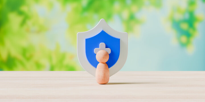 Wooden silhouette under the protection of health insurance. Health shield with blurred background. Medical coverage concept. Isolated.