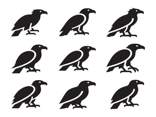 Obraz premium Set of solid black raptor silhouettes featuring eagle icons in a minimalist style