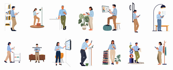 Set of diverse professionals using digital tablets and technology in modern office environments, flat vector illustration. © Juan
