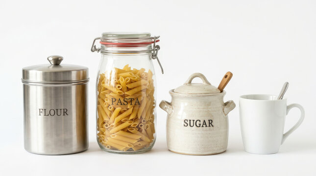 Kitchen Utensils and Food Storage Containers on White Background