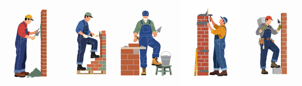 Set of professional bricklayers in overalls and helmets building brick walls using construction tools, isolated on a white background.