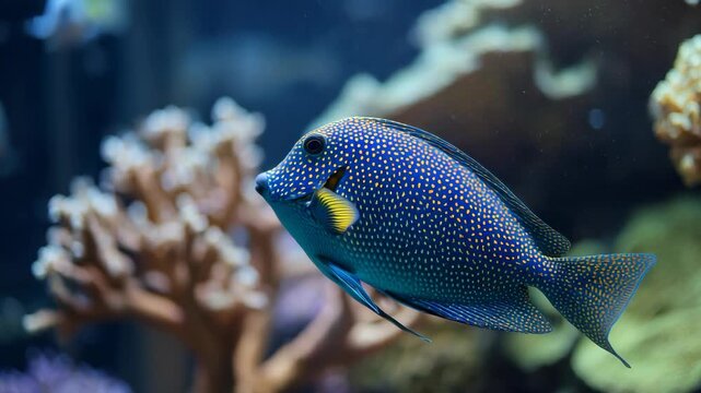 Vibrant blue fish swimming near coral reef and other sea life.