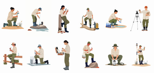 Fototapeta premium Set of illustrations depicting environmental scientists and hydrologists performing field research, water quality sampling, and soil analysis in outdoor environments.