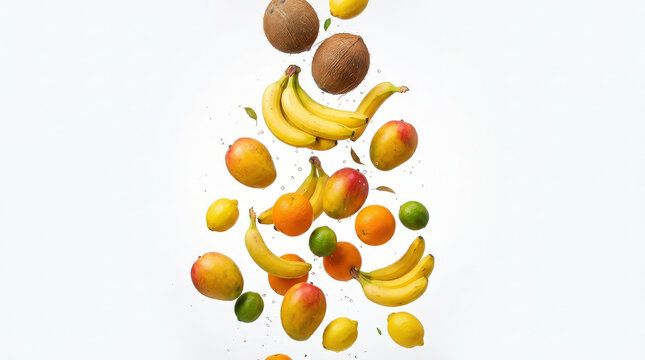 Fresh Fruit Falling in Air, Colorful Tropical Fruits Isolated on White Background