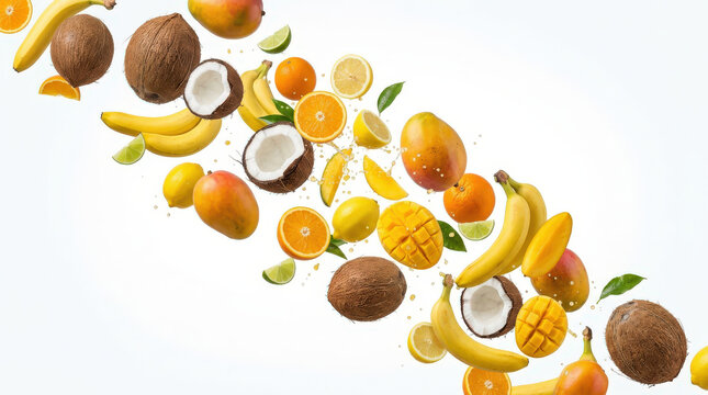 Fresh Fruit Assortment Floating in Air, Vibrant Healthy Food Background