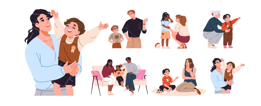 Kids are talking to parents set. Family communicates. Happy moms and dads support children. Child complains, asks and tells mother and father. Flat isolated vector illustrations on white background