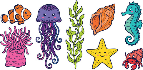 Cute ocean life vector set with clownfish jellyfish seahorse starfish hermit crab coral and seaweed illustrations © Honey Qween!