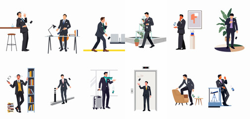 Fototapeta premium Flat vector illustrations of a businessman accidentally dropping his smartphone in various everyday situations including the office, airport, and street.
