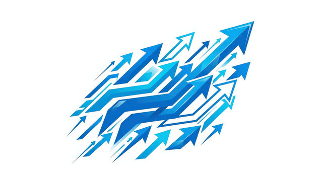 Blue Arrows Pointing Upward in a Dynamic Pattern on White Background for Business Growth Concepts