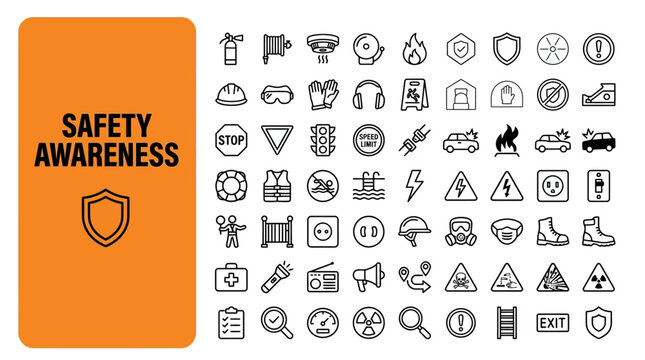 Comprehensive Collection of Essential Safety Awareness Icons and Warning Symbols for Industrial and Public Workplace Compliance