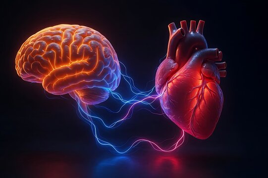Glowing Human Brain and Heart Connected by Neon Energy Symbolizing Mental Health