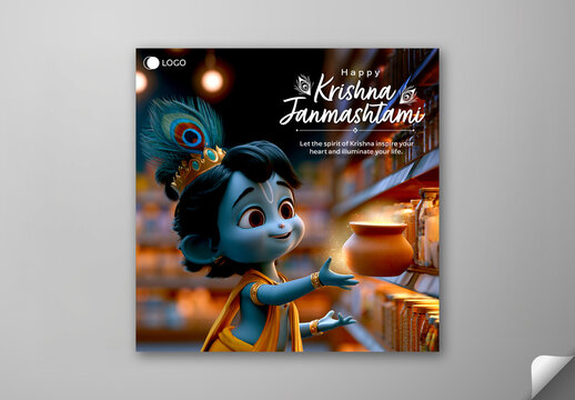 Editable Happy Krishna Janmashtami Social Media Greeting Post Template with Cute 3D Blue Kanha Reaching for Makhan Pot in Modern Supermarket.