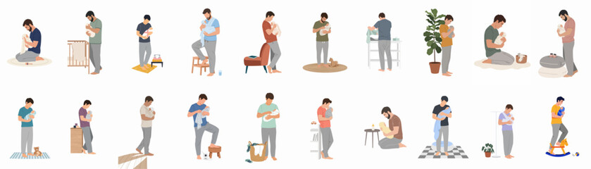 Fototapeta premium Set of diverse fathers holding, carrying, and caring for their newborn babies in various household settings, minimalist flat illustration style.