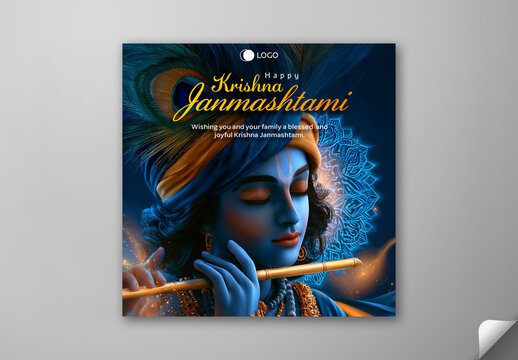 Editable Happy Krishna Janmashtami Social Media Greeting Post Template with Lord Krishna Playing Flute and Neon Mandala Blue Background.