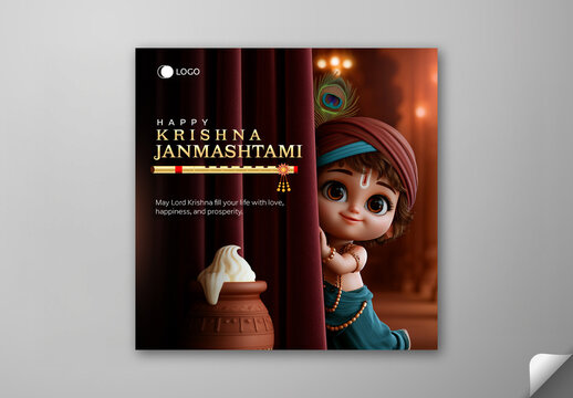 Editable Happy Krishna Janmashtami Social Media Greeting Post Template with 3D Cute Little Krishna Peeking and Makhan Pot Illustration.