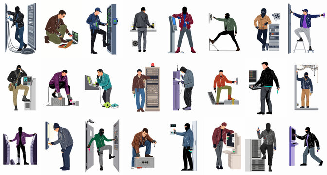 Collection of hacker and cybercriminal character illustrations performing illegal data breaches, server tampering, and electronic thefts on various digital systems.