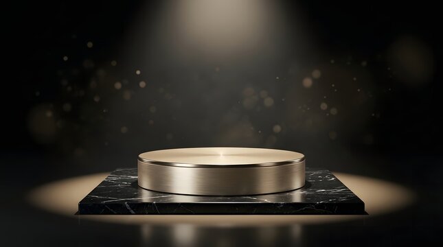 Golden podium on black marble pedestal with spotlight