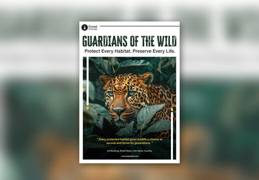 Editable Wildlife Conservation Awareness Flyer Template Design with Leopard in Forest and Environmental Message.
