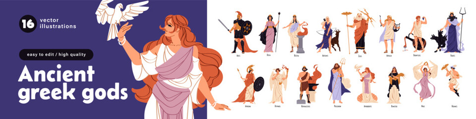 Ancient Greek Gods and Goddesses set. Olympian characters - Zeus, Poseidon, Dionysus, Hera, Aphrodite, Hermes. Antique mythology of Greece. Flat isolated vector illustrations on white background