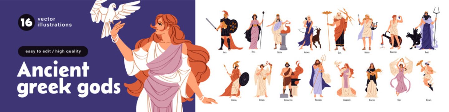 Ancient Greek Gods and Goddesses set. Olympian characters - Zeus, Poseidon, Dionysus, Hera, Aphrodite, Hermes. Antique mythology of Greece. Flat isolated vector illustrations on white background