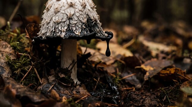Shaggy ink cap mushroom coprinus comatus melting into black liquid on forest floor in autumn.